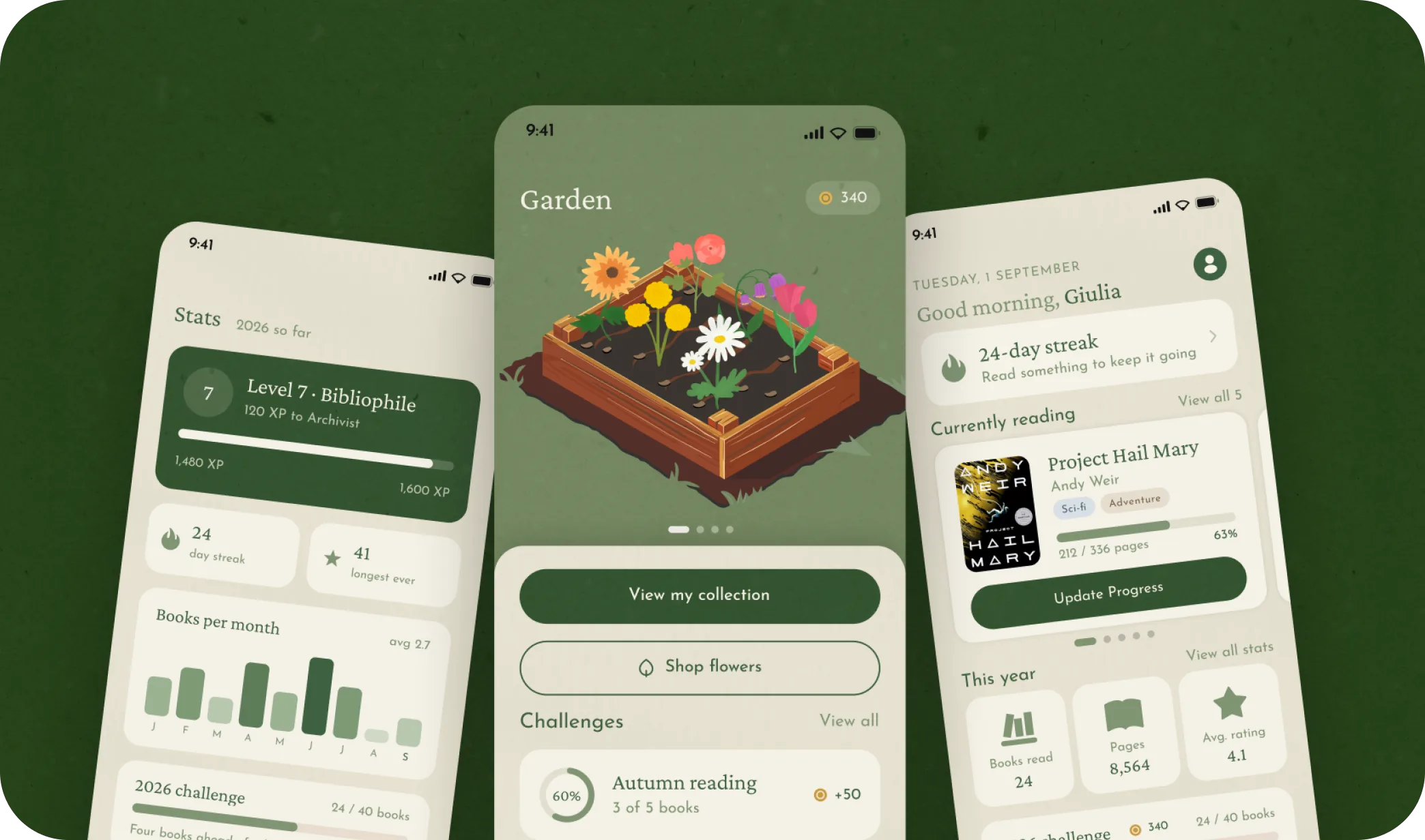 Booklings screens: Stats, Garden and Home